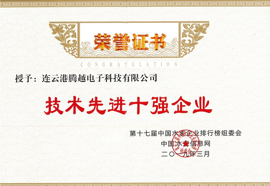 榮譽(yù)證書(shū)-技術(shù)先進(jìn)十強(qiáng)企業(yè)
